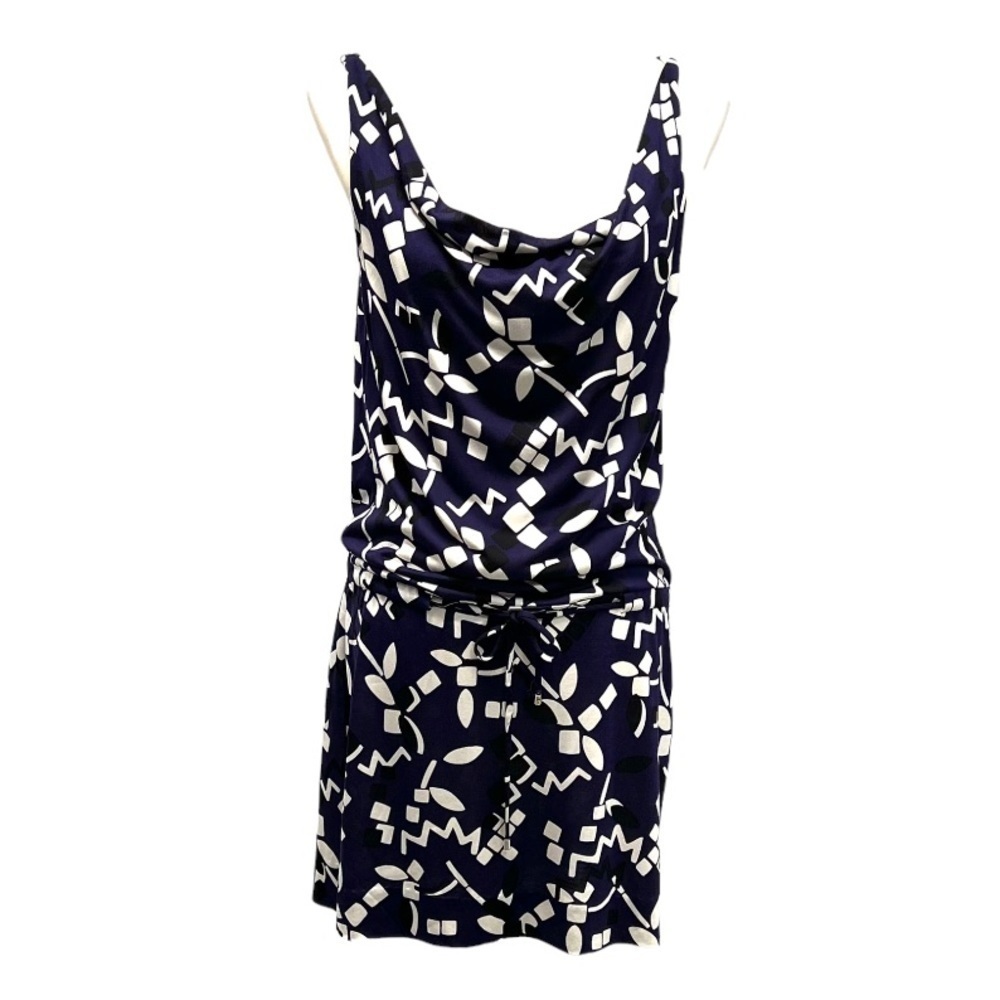 Diane Von Furstenberg Tadd Two Silk Blue Sleeveless Print Drape Neck Dress